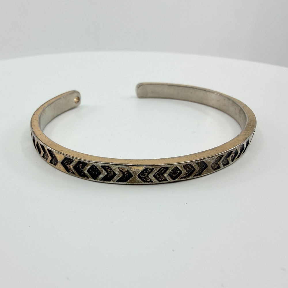 VTG Two Tone Silver & Gold Chevron Aztec Engraved Cuff Bracelet
